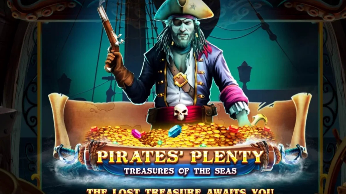 Tampilan visual slot Pirates’ Plenty: Treasures of the Seas dengan tema bajak laut yang mendalam.
