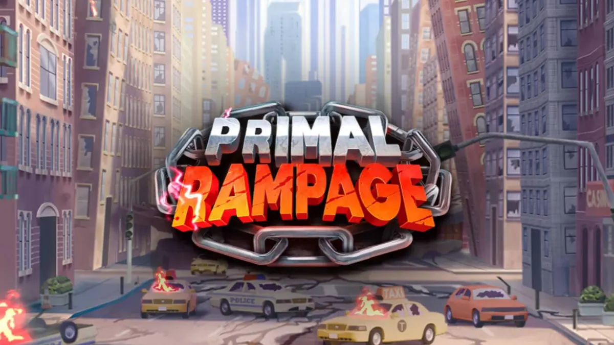 Visual utama slot Primal Rampage dengan latar belakang kera raksasa dan reruntuhan kuno.