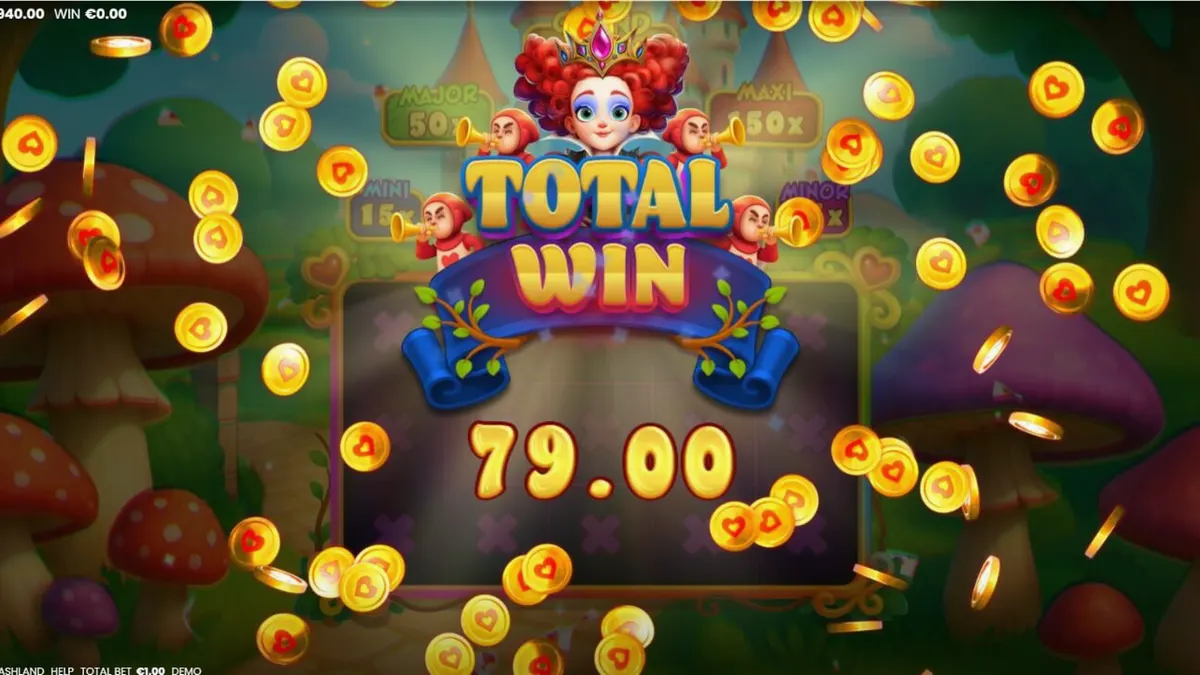 Tampilan layar permainan slot Alice in Cashland dengan karakter Wonderland dan simbol bonus.