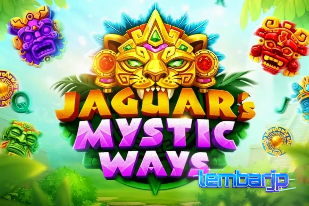 Pemandangan hutan mistis dengan kuil emas dan simbol jaguar dalam permainan slot Jaguar’s Mystic Ways.